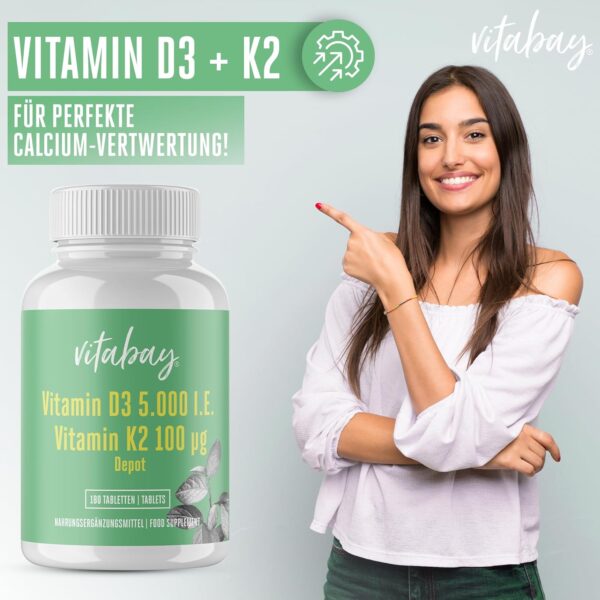Vitabay Vitamin D3 K2 5000 IE - 180 Vegane Tabletten Vitamin D Hochdosiert - D3K2 Sonnenvitamine - Vit K2 D3 als Unterstützung für Immunsystem, Zähne, Knochen und Muskeln - Laborgeprüft – Bild 5
