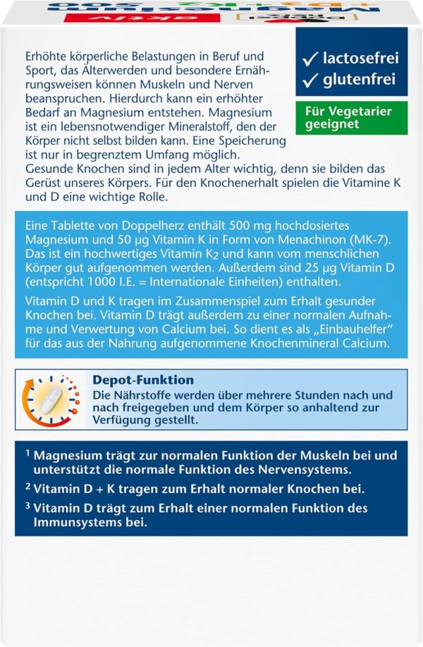Doppelherz Magnesium 500 + D3 + K2 - Hochdosiertes Magnesium als Beitrag zur normalen Funktion der Muskeln und Nervensystems - 60 vegetarische Depot-Tabletten – Bild 2