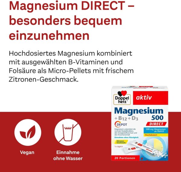 Doppelherz Magnesium 500 + B12 + D3 DIRECT mit DEPOT-Funktion - Magnesium als Beitrag für die normale Funktion der Muskeln und des Nervensystems - 20 Portionen Micro-Pellets – Bild 5