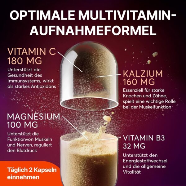 Multivitamin Komplex - 60 Kapseln für 30 Tage - Vitamin Komplex A-Z & Mineralstoffe wie Zink, Biotin - Hochdosierte Tabletten Multivinamine Für Männer Und Frauen A, C, D, E, B6, B12, K – Bild 2