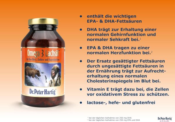 Dr. Peter Hartig Omega 3 Lachsöl 250 Kapseln 4-Monats-Vorrat EPA DHA Vitamin E Lactose-, Gluten-, Hefefrei – Bild 3
