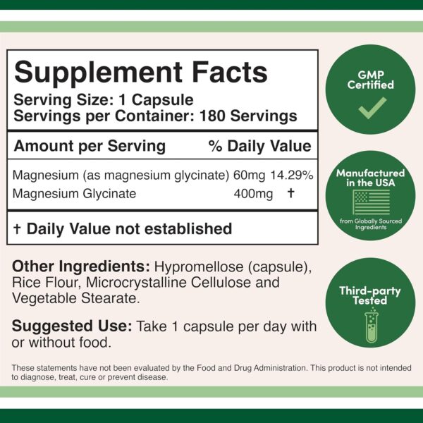 Magnesium Glycinate 400mg, 180 Capsules (Vegan Safe, Manufactured and Third Party Tested in The USA, Gluten Free, Non-GMO) High Absorption Magnesium by Double Wood Supplements – Bild 2