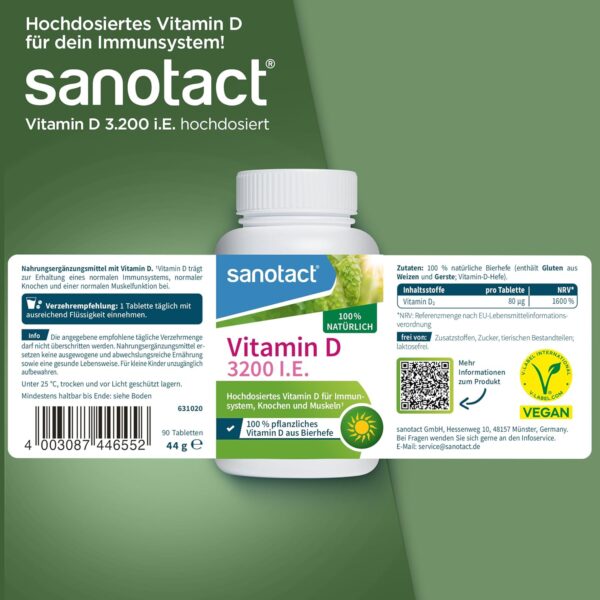 sanotact Vitamin D 3200 ie 100% pflanzliches Vitamin D aus Bierhefe, 90 natürliche Tabletten, vegan – Bild 6