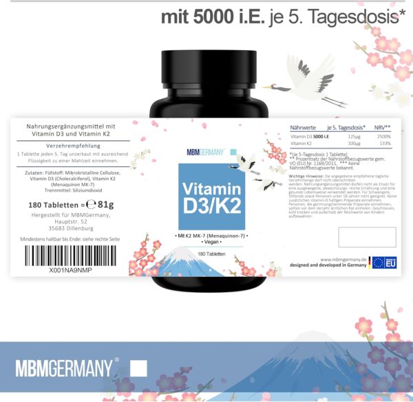 Vitamin D3 + K2 Tabletten - 180 Stück 5.000 i.E. [DEPOT] - Hochdosiert Vitamin D3 und 100 mcg Vitamin K2 pro EINER Tablette - Hochwertig: Manequinon MK7 - Laborgeprüft – Bild 7
