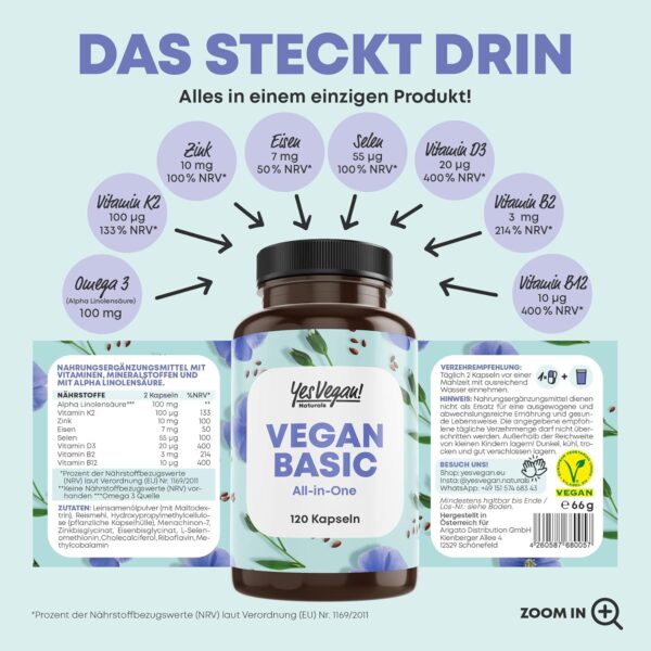 Vegan Complex - Vitamin B12 K2 D3 Eisen Zink Selen und Omega 3-120 Kapseln - speziell für Vegetarier und Veganer - Geschenke - Supplements (1 Stück) – Bild 5