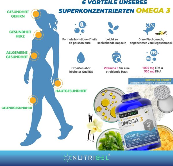 Omega 3 Kapseln Hochdosiert - 2000mg pro 2 Kapseln, 1000mg EPA & 500mg DHA - Mit Vitaminen E und Vanille-Geschmack - Unterstützt Herz, Gehirn & Sehkraft - Molekular Destilliert - 120 Kapseln – Bild 5