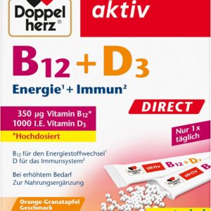 Doppelherz B12 + D3 DIRECT - Hochdosiert mit 350 μg Vitamin B12 und 1000 I.E. Vitamin D3 für eine normalen Funktion des Immunsystems - 20 Portionen