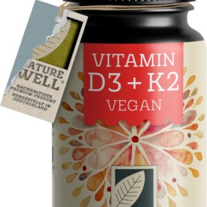 Vitamin D3 K2 VEGAN - 180 Tabletten mit 5000 IE D3 + 200 mcg K2 - Vitamin D3 hochdosiert und vegan - Vorratspackung - laborgeprüft mit Zertifikat - ohne unerwünschte Zusatzstoffe