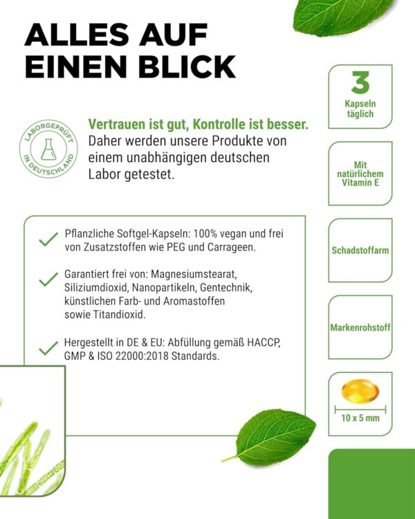 Omega 3 Vegan - 90 Algenöl Kapseln - Markenrohstoff: life's™OMEGA mit DHA & EPA aus Algenöl in Triglycerid-Form - Laborgeprüft - Schadstoffarm - Extra hochdosiert – Bild 4