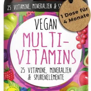 Vegan Multivitamins - 25 Vitamine, Mineralien und Spurenelemente - B12, D3, K2, Calcium, Zink, Eisen, Magnesium und viele weitere - mit 120 Kapseln (4 Monats-Vorrat)