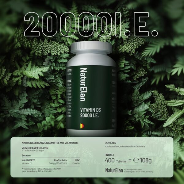 Vitamin D3 20000 I.E. Hochdosiert – 400 Tabletten, Sonnenvitamin für Immunsystem, Vegetarisch, In Deutschland Produziert – Bild 4