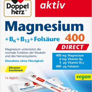 Doppelherz Magnesium 400 + B6 + B12 + Folsäure DIRECT - Magnesium unterstützt die normale Funktion der Muskeln und des Nervensystems - 40 vegane Portionen
