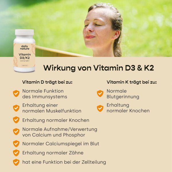 dailynature Vitamin D3 + K2 | 180 Tabletten mit je 5.000 IE D3 hochdosiert + 100 µg K2 | Nahrungsergänzungsmittel - vegetarisch, ohne unerwünschte Zusätze, glutenfrei & laktosefrei | laborgeprüft – Bild 5