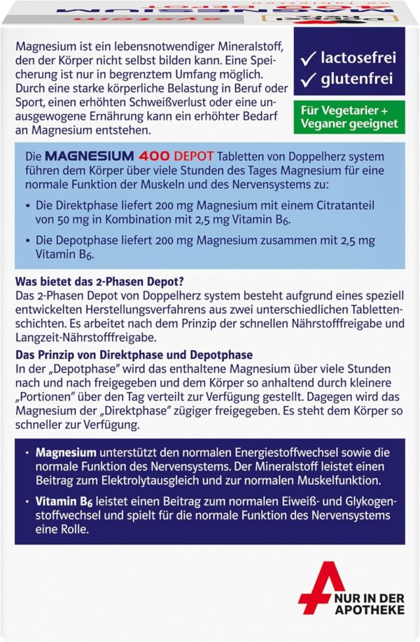 Doppelherz system MAGNESIUM 400 DEPOT – Magnesium als Beitrag für die normale Funktion der Muskeln und des Nervensystems – 60 Tabletten – Bild 2