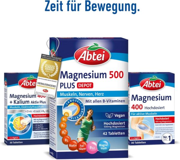 Abtei Magnesium 500 Plus Extra-Vital-Depot - hochdosiert - mit allen B-Vitaminen - für Muskeln, Nerven und Herz - vegan - 42 Tabletten – Bild 6