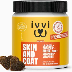 ivvi Skin & Coat Omega 3 für Hunde gegen Juckreiz im Leckerliformat, für gesunde Haut & glänzendes Fell – mit Biotin, DHAgold, Zink, Vitamin C, Lachsöl - 60 leckere Snacks (270g) mit Lachs