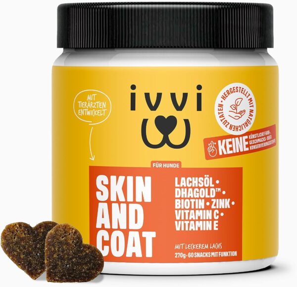ivvi Skin & Coat Omega 3 für Hunde gegen Juckreiz im Leckerliformat, für gesunde Haut & glänzendes Fell – mit Biotin, DHAgold, Zink, Vitamin C, Lachsöl - 60 leckere Snacks (270g) mit Lachs