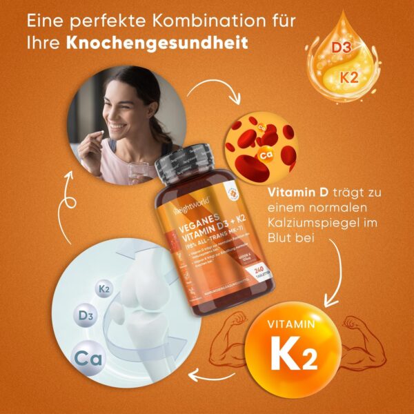 Vitamin D3 + K2-4000 I.E. vegane Tabletten - 240 Stück mit 125μg Vitamin K2 Menachinon - 1 Tablette/4 Tage - 98% All-Trans K2 MK7 - Für Knochen, Immunsystem & Muskeln - Sonnenvitamin - WeightWorld – Bild 9