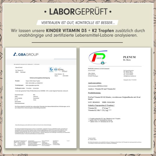 Vitamin D3 + K2 KINDER Tropfen 1000x - mit 650 IE Vitamin D3 vegan + 20 µg bioaktives Vitamin K2 MK7 (Pharmaquinone®) - Immunsystem & Knochen - laborgeprüft mit Zertifikat - Vorrat für 11 Monate – Bild 5
