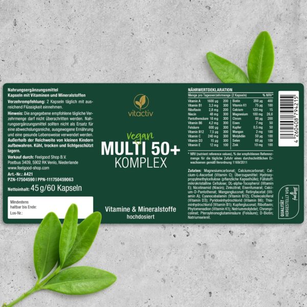 Vitactiv MULTI 50 plus - Multivitamin Komplex Menschen ab 50 - Vitamine, Mineralien, Spurenelemente - Vitamin B, C, E, K, D, Magnesium, Kalzium, Zink - Hochdosiert, Hormonfrei, ohne Jod - 60 Kapseln – Bild 8