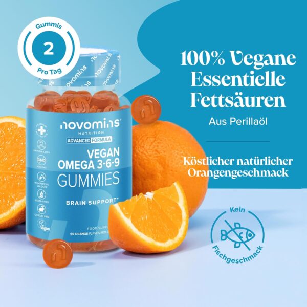 Vegane Omega 3 6 9 Gummibärchen – 1 Monatsvorrat – Unterstützt die Gesundheit von Herz Gehirn und Augen – Omega 3 Vegan zum Kauen – Nachhaltige Pflanzliche Alternative zu Fischöl – Von Novomins – Bild 2