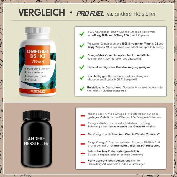 Omega-3 vegan + D3 & K2 (90x), 1100mg Algenöl mit 600mg DHA & 300mg EPA + 1000 IE Vitamin D3 + 40 µg Vitamin K2 - O3 D3 K2 vegan Essentials - Omega-3 Kapseln hochdosiert, bioverfügbar & laborgeprüft – Bild 3