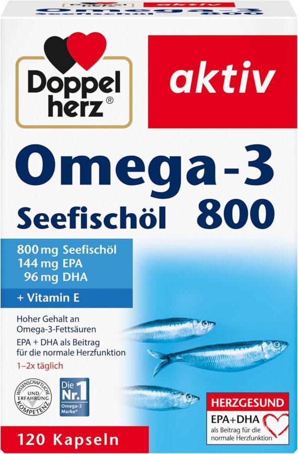 Doppelherz Omega-3 Seefischöl 800 – Mit EPA und DHA sowie Vitamin B1 als Beitrag für die normale Herzfunktion – 120 Kapseln