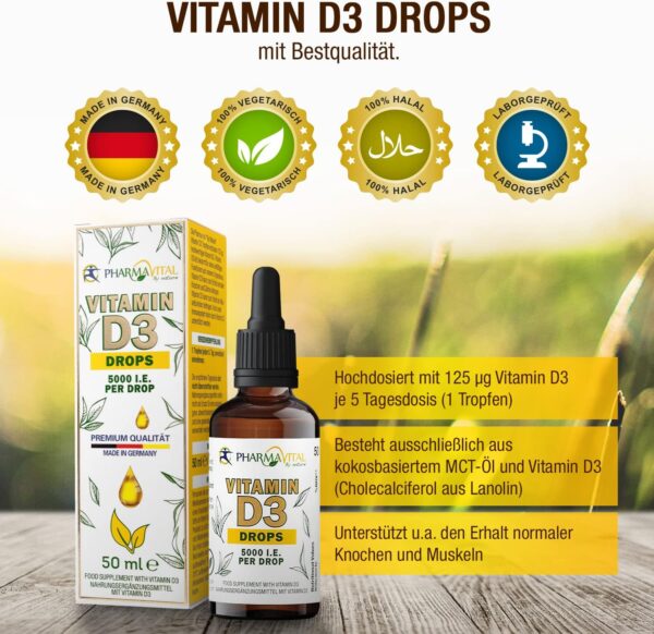 Pharmavital Vitamin D3 Tropfen 5000 50ml flüssig (1830 Tropfen) - Laborgeprüfte 5000 I.E. pro Tropfen - Immunsystem stärken, für Knochen und Muskeln - Hochwertig: sehr hohe Stabilität, vegetarisch – Bild 3