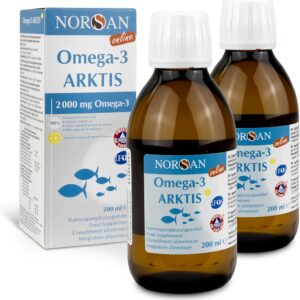 NORSAN Premium Omega-3 Arktis Dorschöl hochdosiert 2x 200 ml / 2.000 mg Omega-3 pro Portion mit Zitronengeschmack/Omega-3 Öl mit EPA & DHA/Omega-3 Premium Öl mit 800 IE Vitamin D3