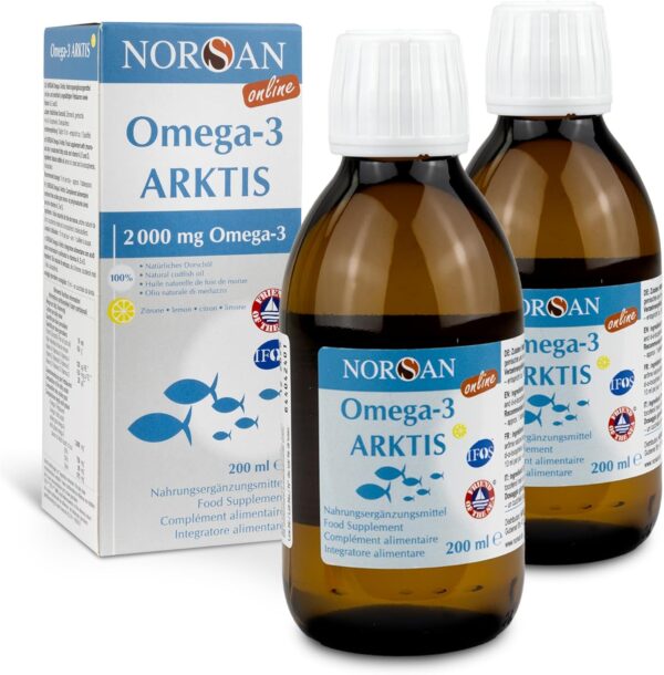 NORSAN Premium Omega-3 Arktis Dorschöl hochdosiert 2x 200 ml / 2.000 mg Omega-3 pro Portion mit Zitronengeschmack/Omega-3 Öl mit EPA & DHA/Omega-3 Premium Öl mit 800 IE Vitamin D3