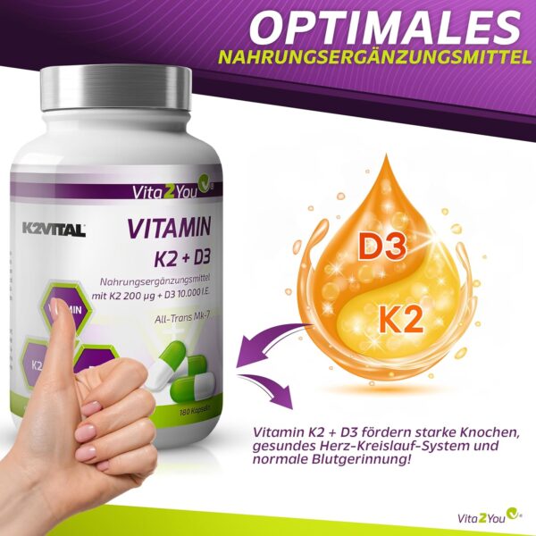 Vita2You Vitamin D3 + K2-180 Kapseln - Vitamin D3 10.000 IE + Vitamin K2 (MK-7) 200µg - Original K2VITAL® von Kappa - Premium Qualität – Bild 3