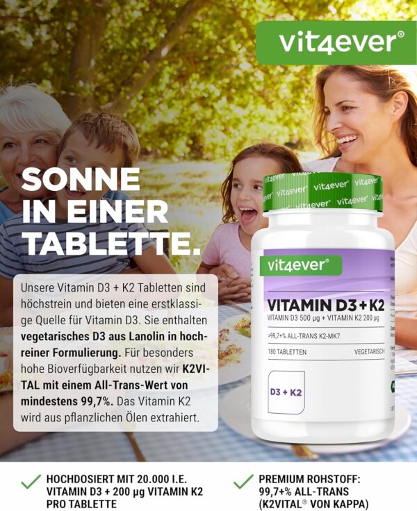 Vitamin D3 20.000 I.E + Vitamin K2 200 mcg Menaquinon MK7 Depot - 180 Tabletten - 99,7+% All-Trans - Laborgeprüft- Vegetarisch - Hochdosiert - Premium Qualität – Bild 2