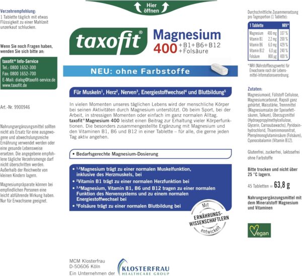 taxofit® Magnesium 400 Tabletten für Muskeln, Herz, Nerven, Energiestoffwechsel & Blutbildung | hochdosiert | vegan | Nahrungsergänzungsmittel mit Magnesium, B-Vitaminen & Folsäure | 5 x 45 Tabletten – Bild 3