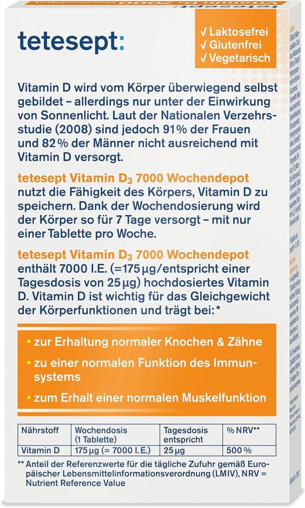 tetesept Vitamin D3 7000 Wochendepot – Vitamin D Tabletten bei einem Mangel an natürlichem Sonnenlicht – Nahrungsergänzungsmittel für Knochen, Immunsystem & Muskeln – 1 x 12 Tabletten – Bild 4