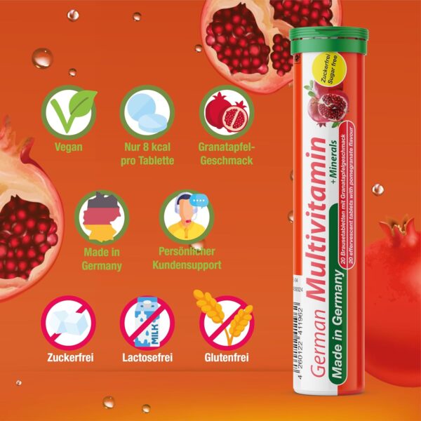 German Multivitamin + Mineralien Brausetabletten 60 Stk. Granatapfelgeschmack – 10 Vitamine + 2 Mineralien – Made in Germany – Bild 3