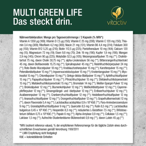 VITACTIV Multi Green Life - Green Food Multivitamin Präparat - Natur Komplex 100 Nährstoffe - Vitamin C, D, E, B Vitamine - Mineralien, Enzyme, Omega3, Vitalpilze, Probiotika, Superfood - 90 Kapseln – Bild 7