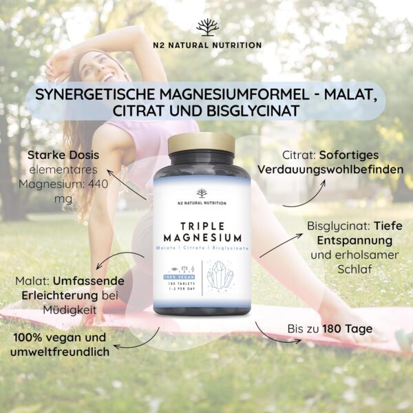 Magnesium Komplex hochdosiert, 440mg elementares Magnesium pro Tagesdosis. Triple Magnesium mit: Magnesiumcitrat 1440mg, Magnesiumbisglycinat 600 mg, Magnesiummalat 600mg. 180 Tablets. 3 Monats. N2 – Bild 2