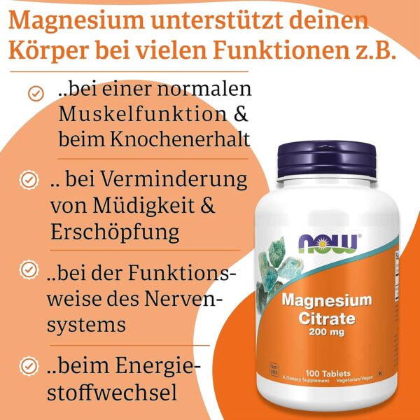 Now Foods Magnesium Citrate, 200mg Magnesium, 100 vegane Tabletten, Laborgeprüft, Vegetarisch, Glutenfrei, Sojafrei, Ohne Gentechnik – Bild 4