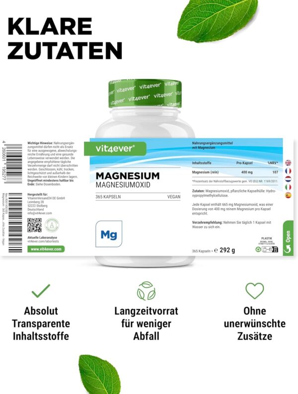 Magnesium - 365 Kapseln (12 Monate) - 665 mg je Kapsel, davon von 400 mg elementares Magnesium - Laborgeprüft - Hochdosiert - Ohne unerwünschte Zusätze - Vegan – Bild 6