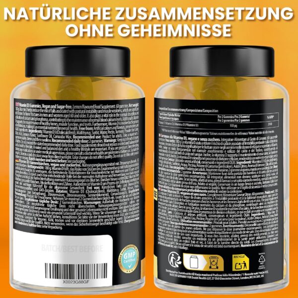 Reliefy Vitamin D3 Gummibärchen Hochdosiert 4000 IE | Immunsystem, Stoffwechsel & Knochen | Hohe Festigkeit für Kinder und Erwachsene - Zuckerfrei, Vegan und Glutenfrei - 60 Stück – Bild 6