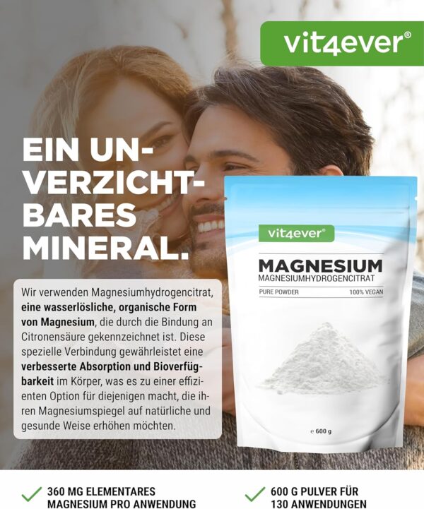 Magnesium Pure - 600 g Pulver (4,3 Monate Vorrat) - Laborgeprüft (Wirkstoffgehalt & Reinheit) - Reines Pulver ohne Zusatzstoffe - Premium Qualität - Vegan – Bild 2