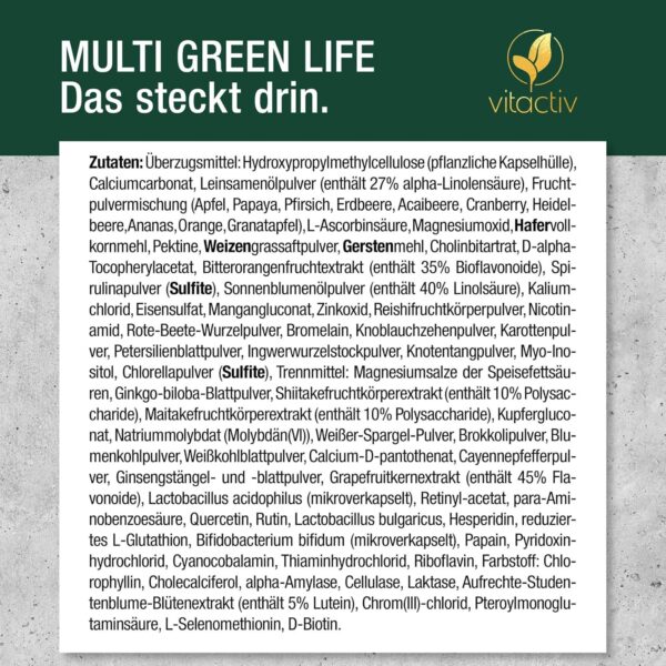 VITACTIV Multi Green Life - Green Food Multivitamin Präparat - Natur Komplex 100 Nährstoffe - Vitamin C, D, E, B Vitamine - Mineralien, Enzyme, Omega3, Vitalpilze, Probiotika, Superfood - 90 Kapseln – Bild 6