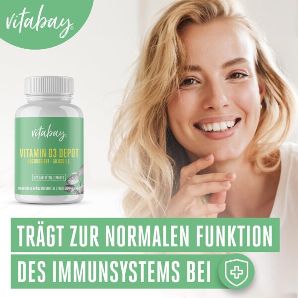 Vitabay Vitamin D3 Hochdosiert 50.000 I.E. - 120 Vegane Vitamin D Tabletten als Depot - Vit D Hochdosiert mit 50000 IE - Hochwertiges Vit D3 für lange Versorgung - Laborgeprüft – Bild 3