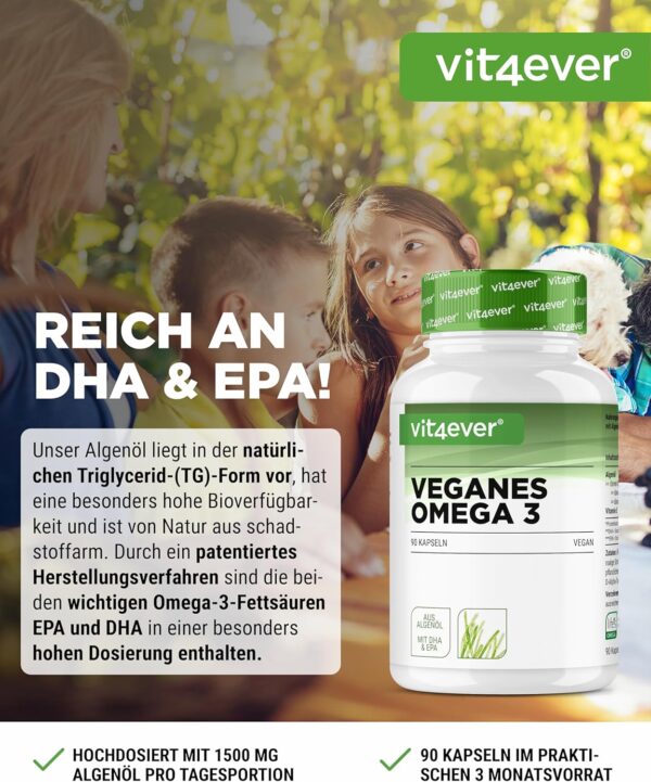 Omega 3 Vegan - 90 Algenöl Kapseln - Markenrohstoff: life's™OMEGA mit DHA & EPA aus Algenöl in Triglycerid-Form - Laborgeprüft - Schadstoffarm - Extra hochdosiert – Bild 2