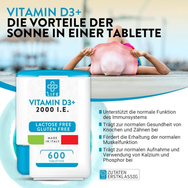 +LIFE - VITAMIN D3 Hochdoisert 2000 IU PiuLife Pocket® 600 Tabletten Reines Vit D3, Vitamin D3 2000 IE, Immunabwehr Knochen Muskeln Zähne Vegan Gluten und Laktose frei, Vitamin D3 Kapseln – Bild 2
