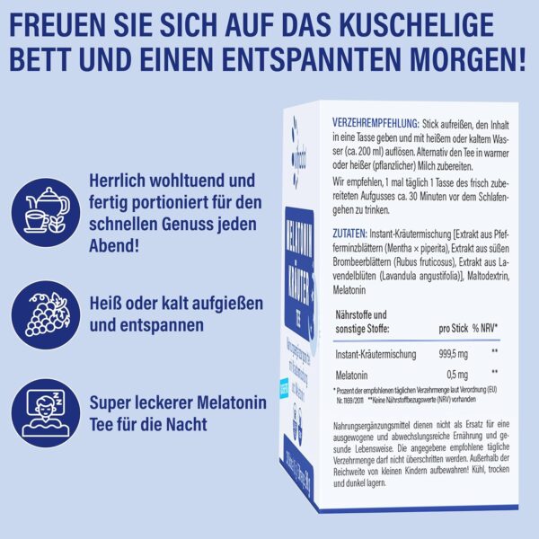 Vihado Kräutertee mit Melatonin - Melatonin Tee im Stick, Tassenfertig - mit Melatonin, Pfefferminz und Lavendelblüten - Nacht Tee (30 Sticks) – Bild 4