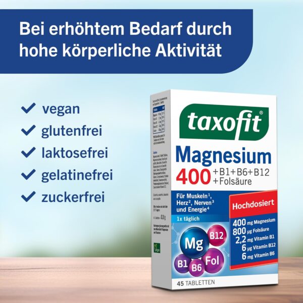taxofit® Magnesium 400 Tabletten für Muskeln, Herz, Nerven, Energiestoffwechsel & Blutbildung | hochdosiert | vegan | Nahrungsergänzungsmittel mit Magnesium, B-Vitaminen & Folsäure | 5 x 45 Tabletten – Bild 5
