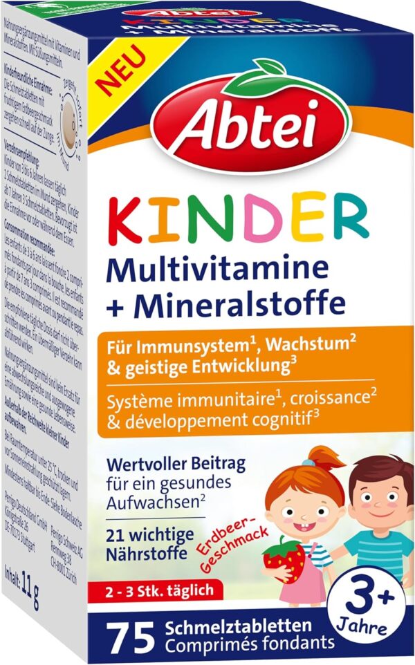 Abtei Kinder Multivitamine + Mineralstoffe - Für ein gesundes Aufwachsen* von Kindern - Ab 3 Jahren - Mit 21 wichtigen Nährstoffen - Glutenfrei, Laktosefrei, Gelatinefrei - 75 Schmelztabletten