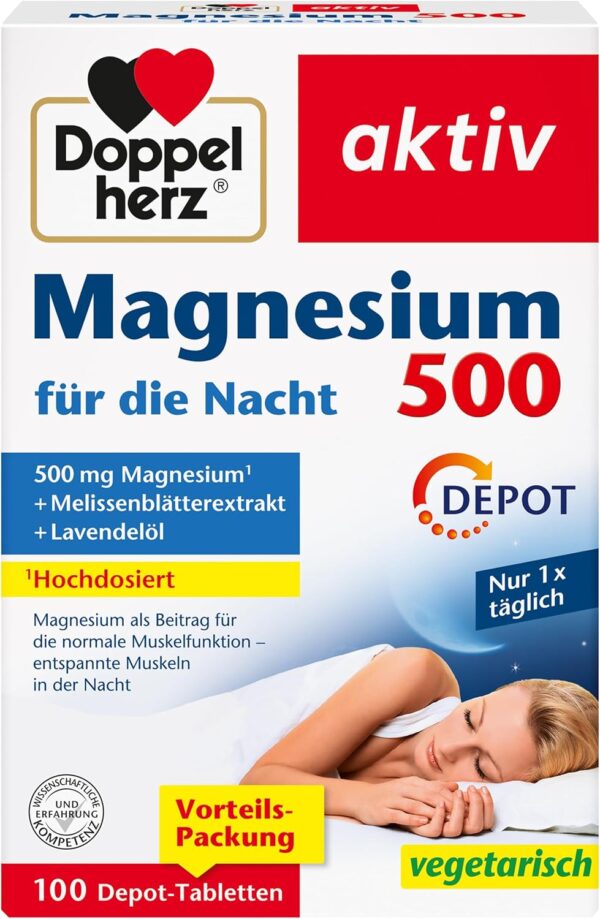 Doppelherz Magnesium 500 für die Nacht - Mit Melisse und Lavendelöl - Hochdosiertes Magnesium als Beitrag für die normale Muskelfunktion - 100 DEPOT-Tabletten