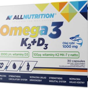 ALLNUTRITION OMEGA 3 K2 D3 ist eine hochwertige Ergänzung, die Fischöl und die Vitamine K2 und D3 enthält.